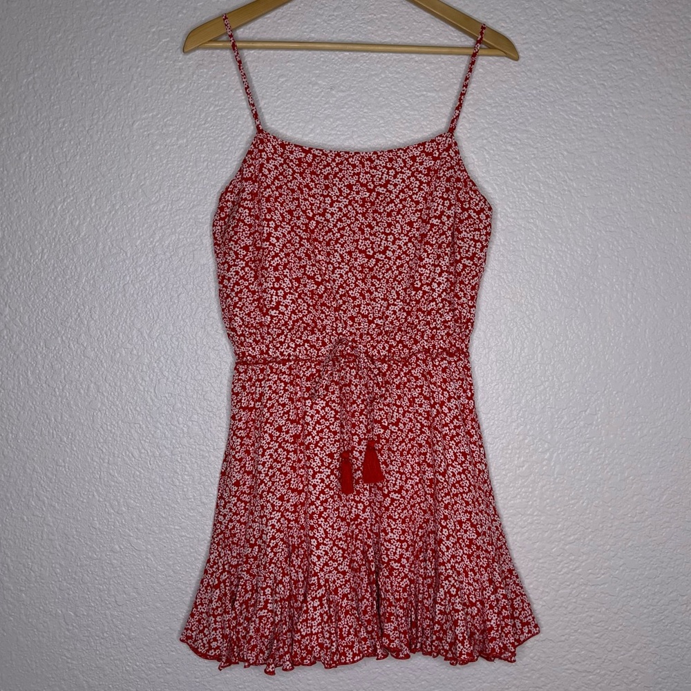 Aakaa Red Flounce Mini Dress White Flowers Boho Tassel‎ Size Medium